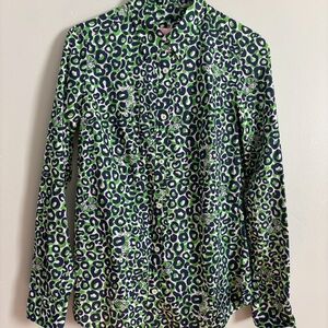 LILLY PULITZER Ladies SZ 4 Button-down Shirt Top Green/Navy/Wht Animal EUC XS S